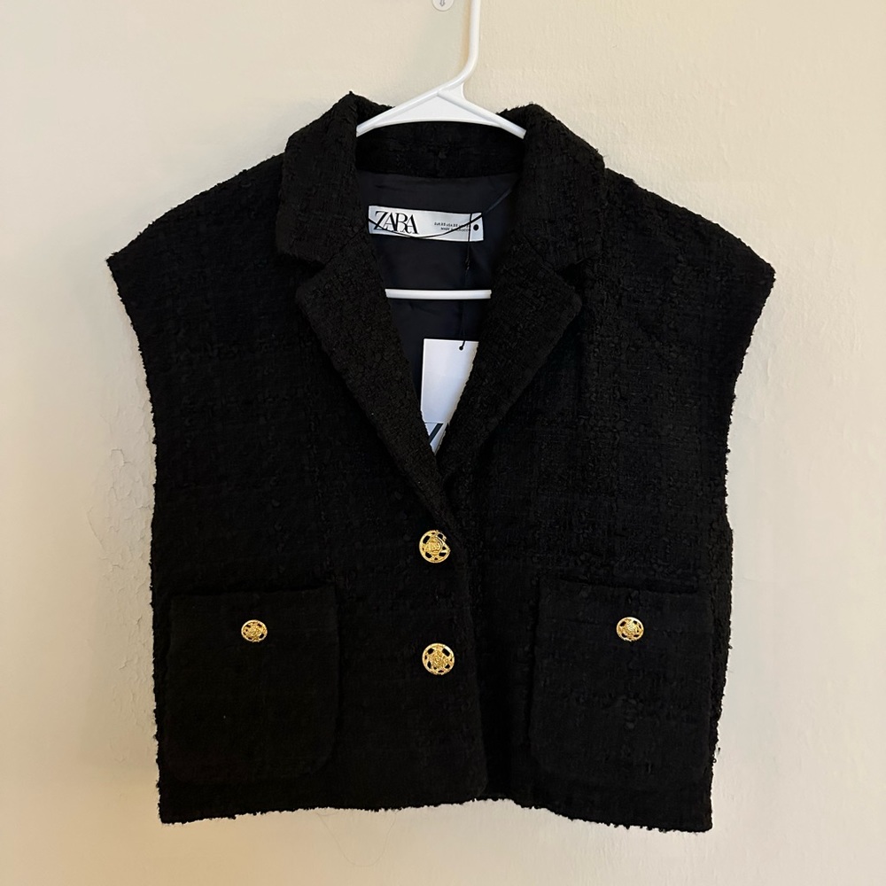 Zara Tweed Structured Blazer Best w/ Gold Buttons